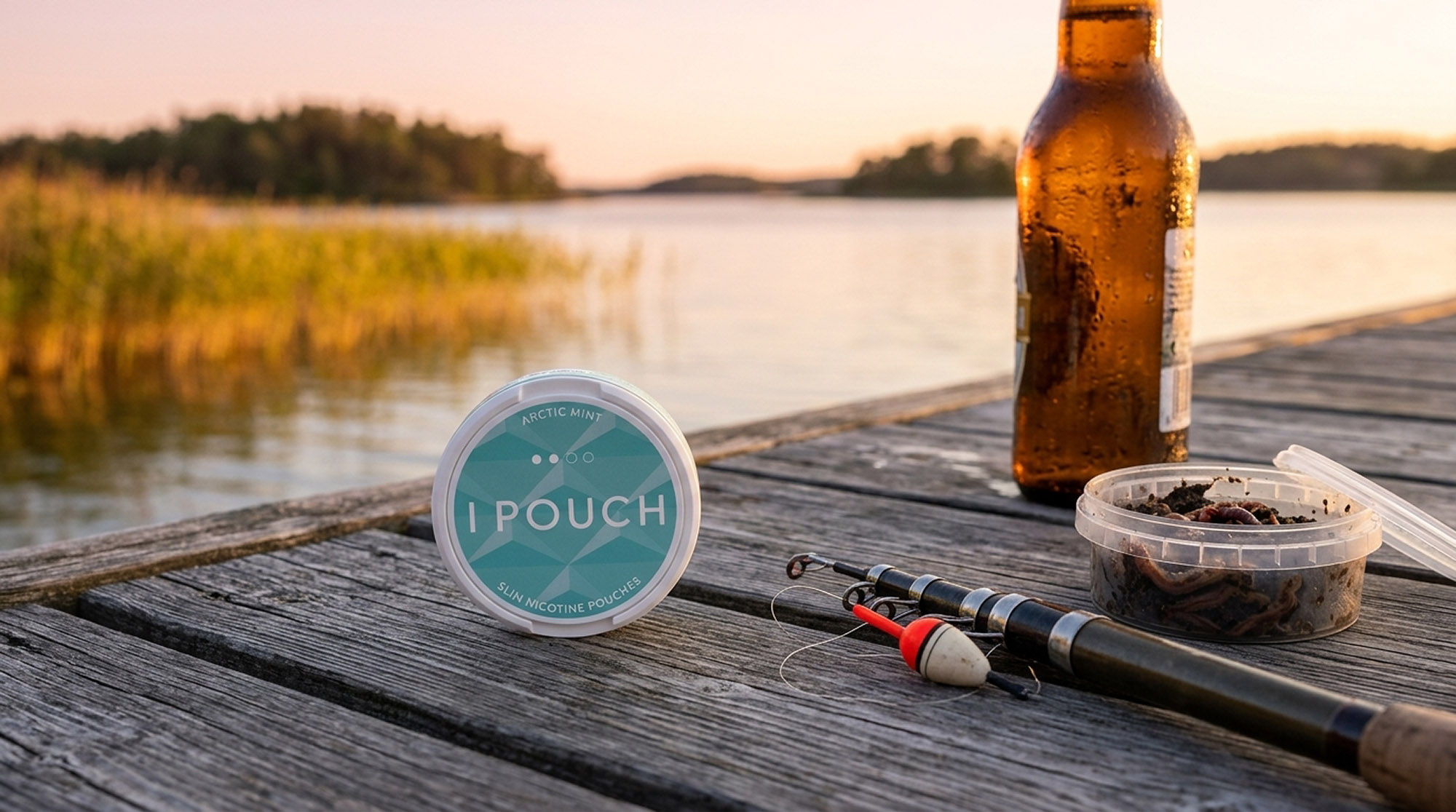 Arctic Mint IPOUCH beside fishing equipment