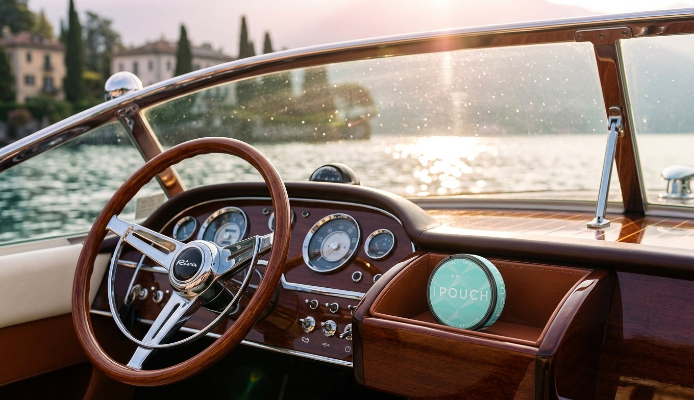 An IPOUCH pouch tin aboard a classic boat on sunlit water