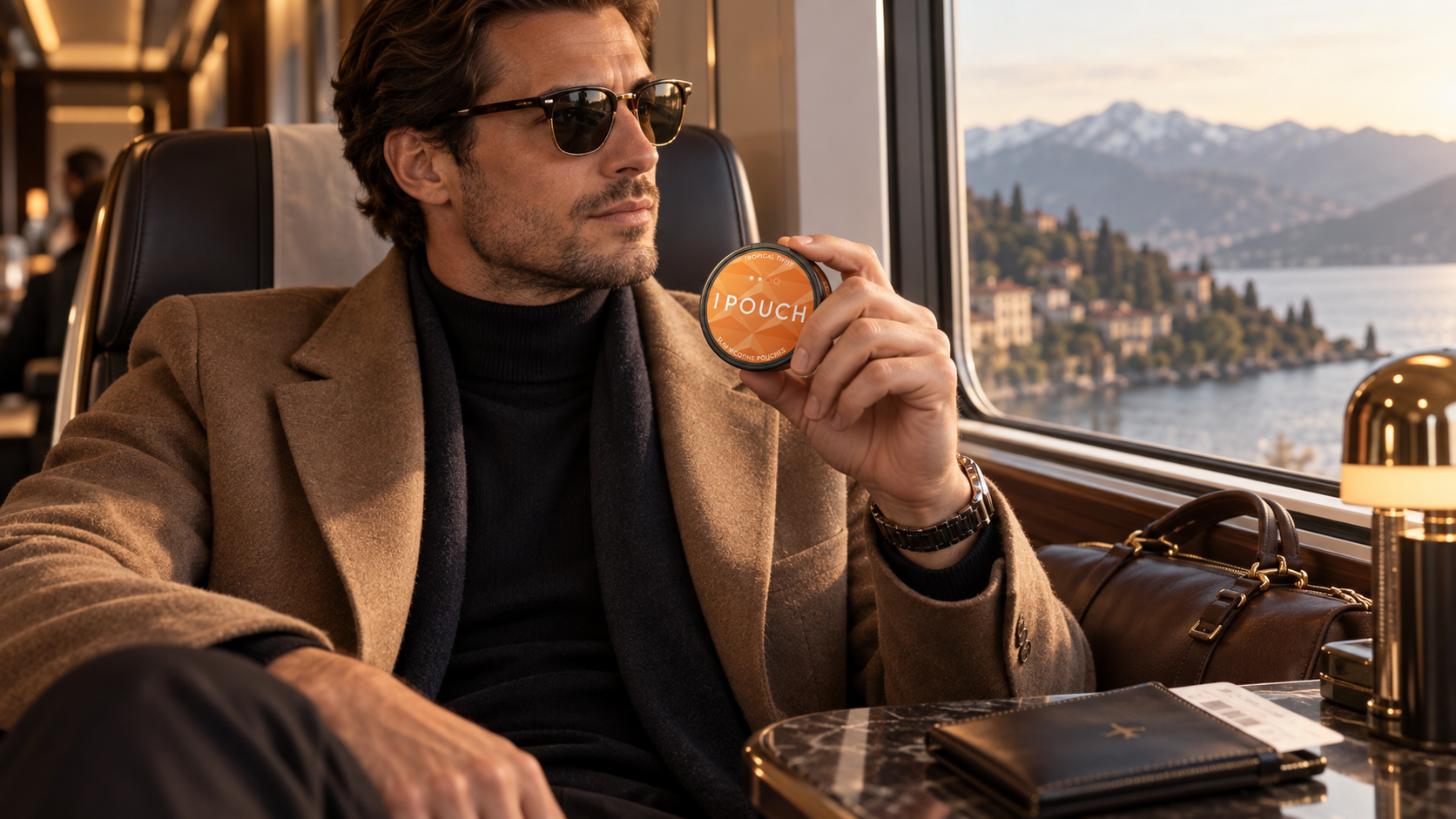 IPOÜCH lifestyle scene during a train commute